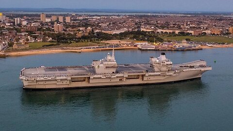 HMS Queen Elizabeth aircraft carrier departs 8th Aug Portsmouth naval base 4k drone footage