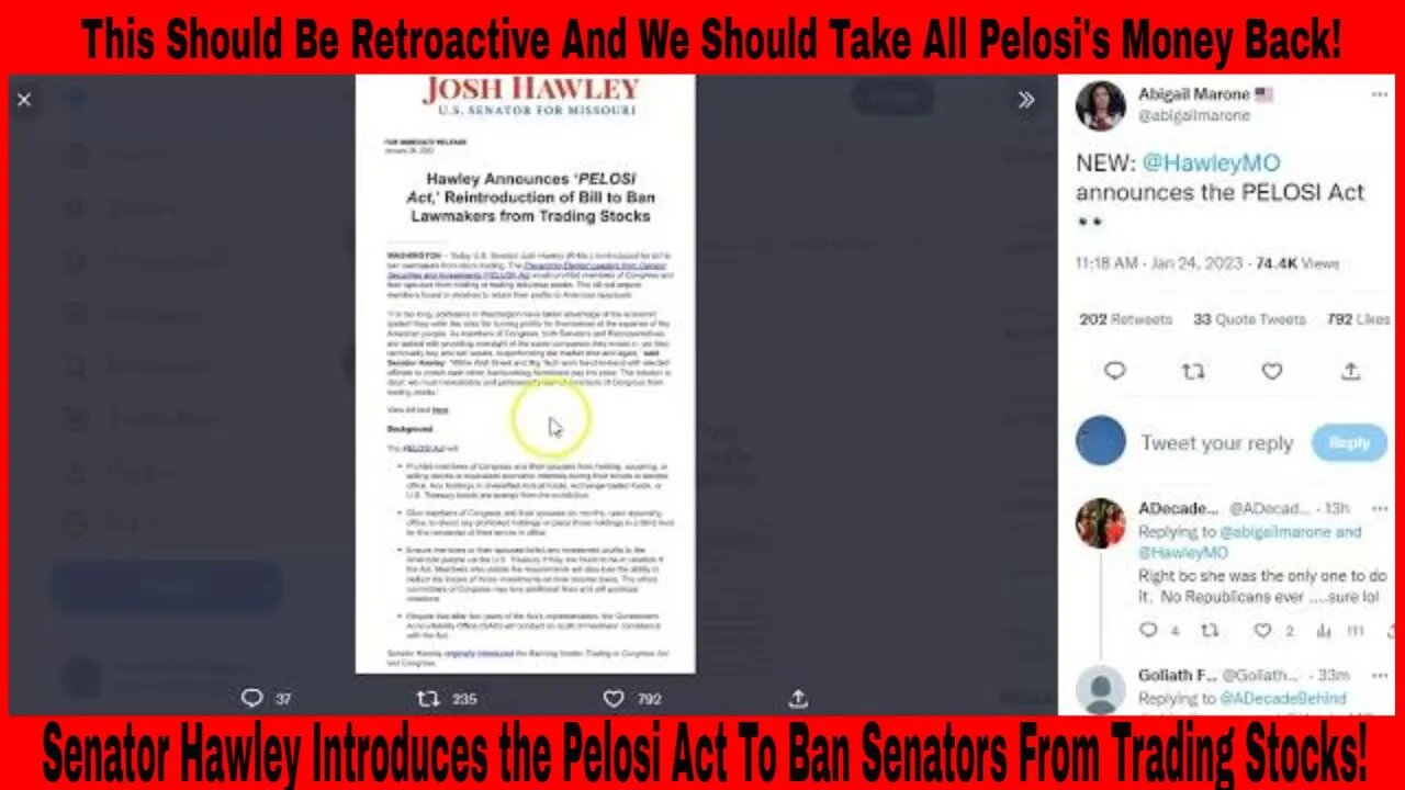Senator Hawley Introduces the Pelosi Act To Ban Senators From Trading Stocks!