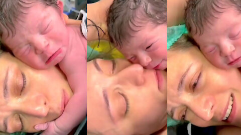 Newborn baby hugs his mother and calling mom.