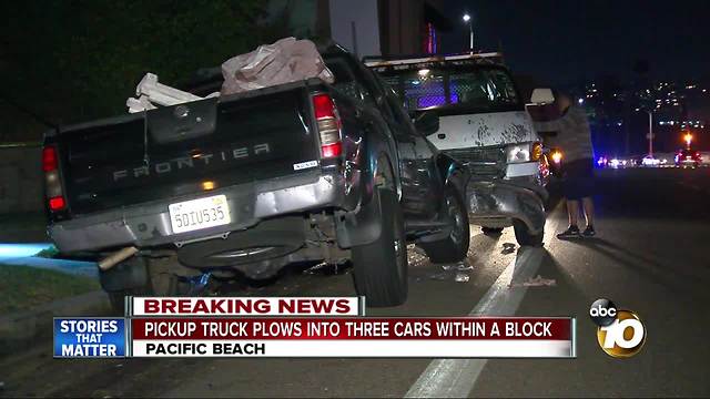 Pickup truck plows into three cars within a block