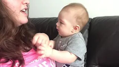so cute baby reacts on his moms sound