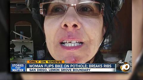 Woman flips bike on pothole; breaks ribs