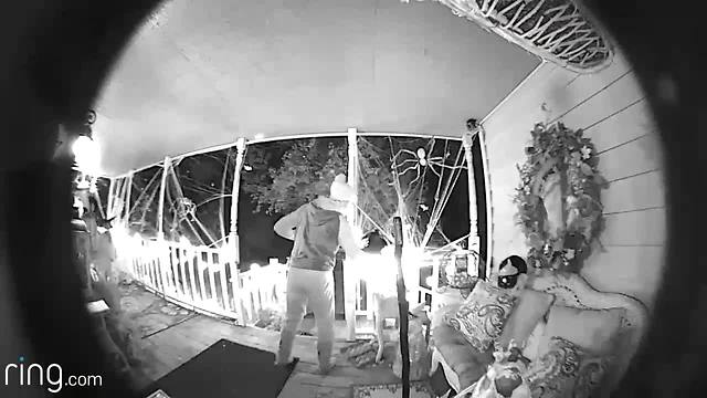 Surveillance video of thief stealing Halloween decorations on camera