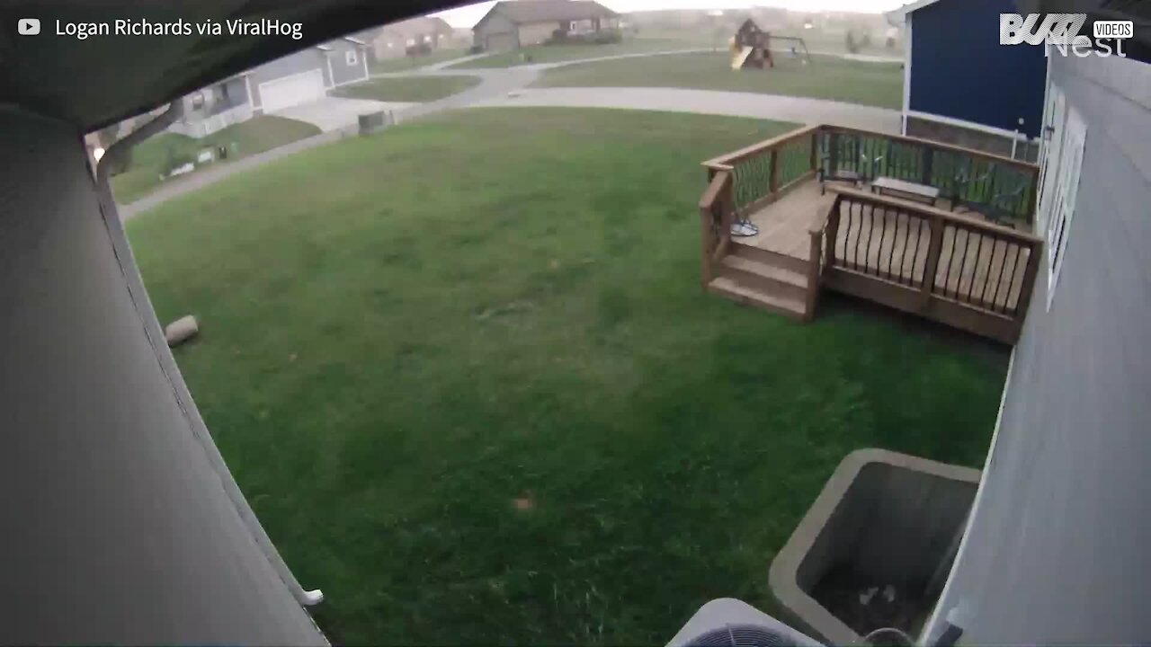 Strong wind gusts send trampolines careering down street