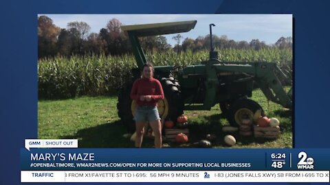 Mary's Maze in Ellicott City says "We're Open Baltimore!"