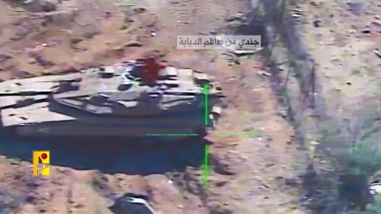 🇱🇧🇮🇱Hezbollah footage of an Israeli Merkava Mk.4 tank being hit by an Almas ATGM near the town