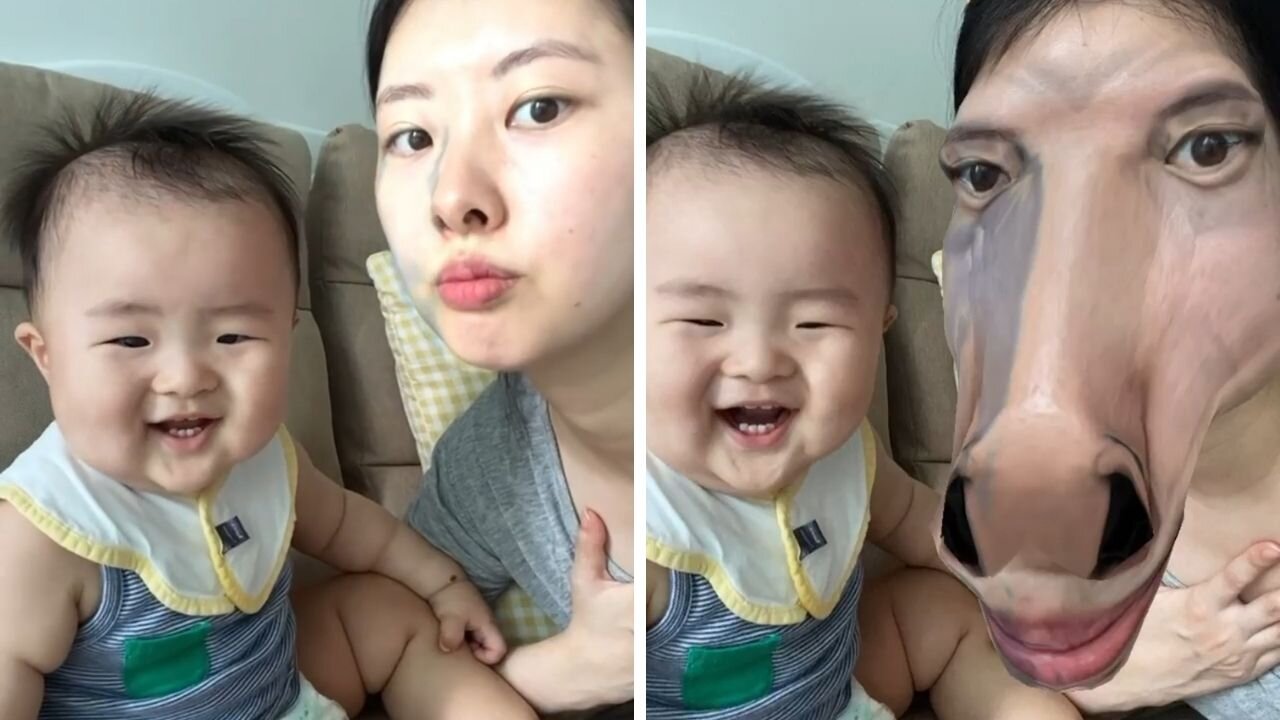 Crazy baby smile with mom in lovely home