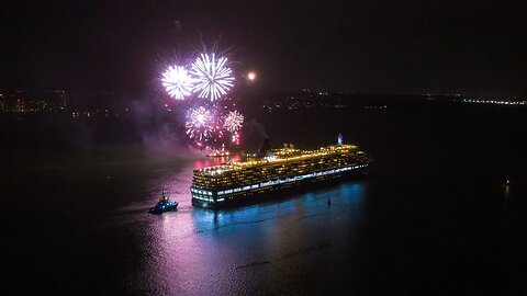 Drone footage CUNARD QUEEN VICTORIA departs for World cruise fireworks display 11/01/2023 NYC