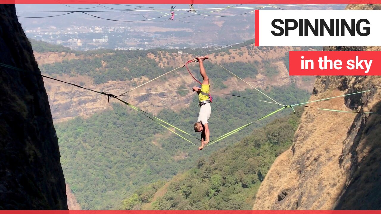 Adrenaline junky uses special slackline to spin around 164 feet in the air