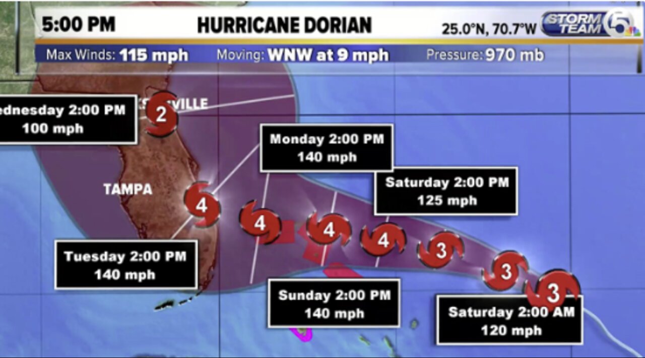 Hurricane Dorian's winds grow to 115 mph, now a Category 3 storm, expected to hit Florida Tuesday as Category 4