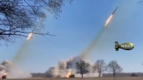 Russian artillery Grad MLRS barrage fires its load