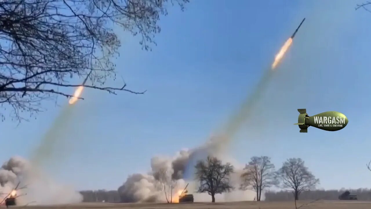 Russian artillery Grad MLRS barrage fires its load