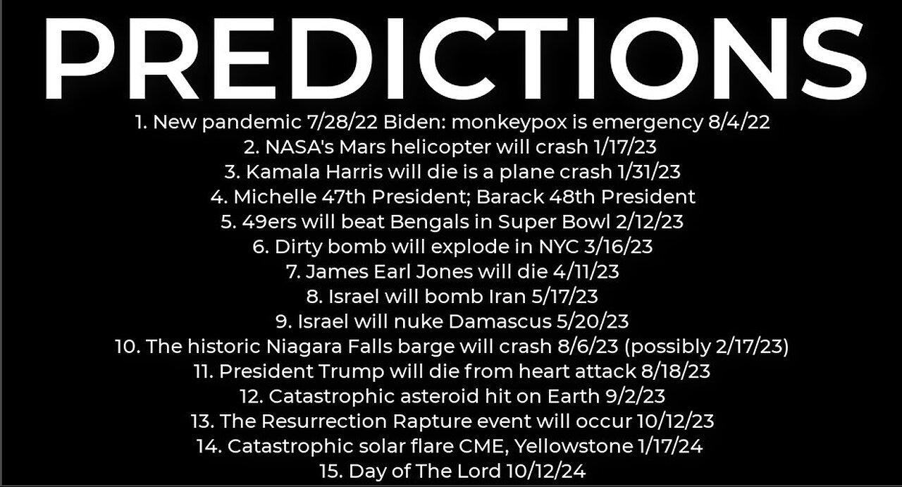 PREDICTIONS - Harris' plane crash 1/31; Israel nuke Damascus 5/20/23; asteroid 9/2/23