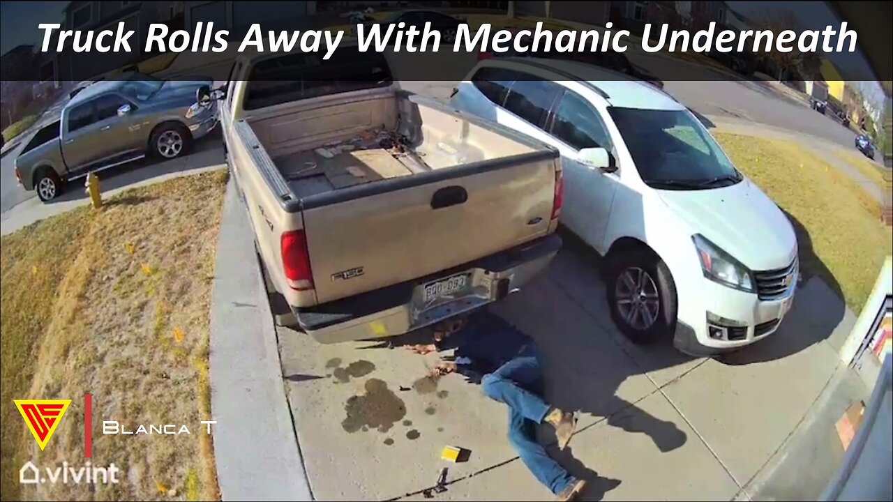 Truck Rolls Away With Mechanic Underneath Caught On Vivint Camera | Doorbell Camera Video