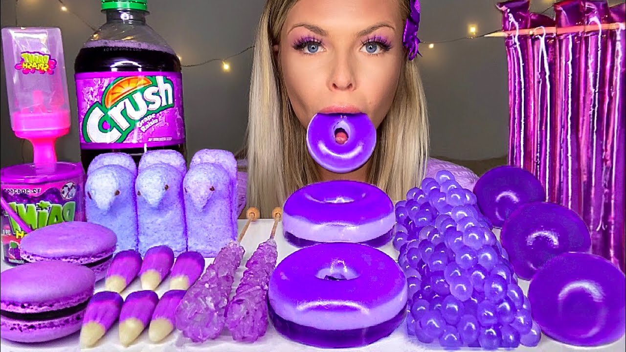 ASMR *PURPLE FOOD* JELLY DONUT, PEEPS,CANDY CORN,POPPING BOBA,ROCK CANDY,GRAPE CRUSH MUKBANG