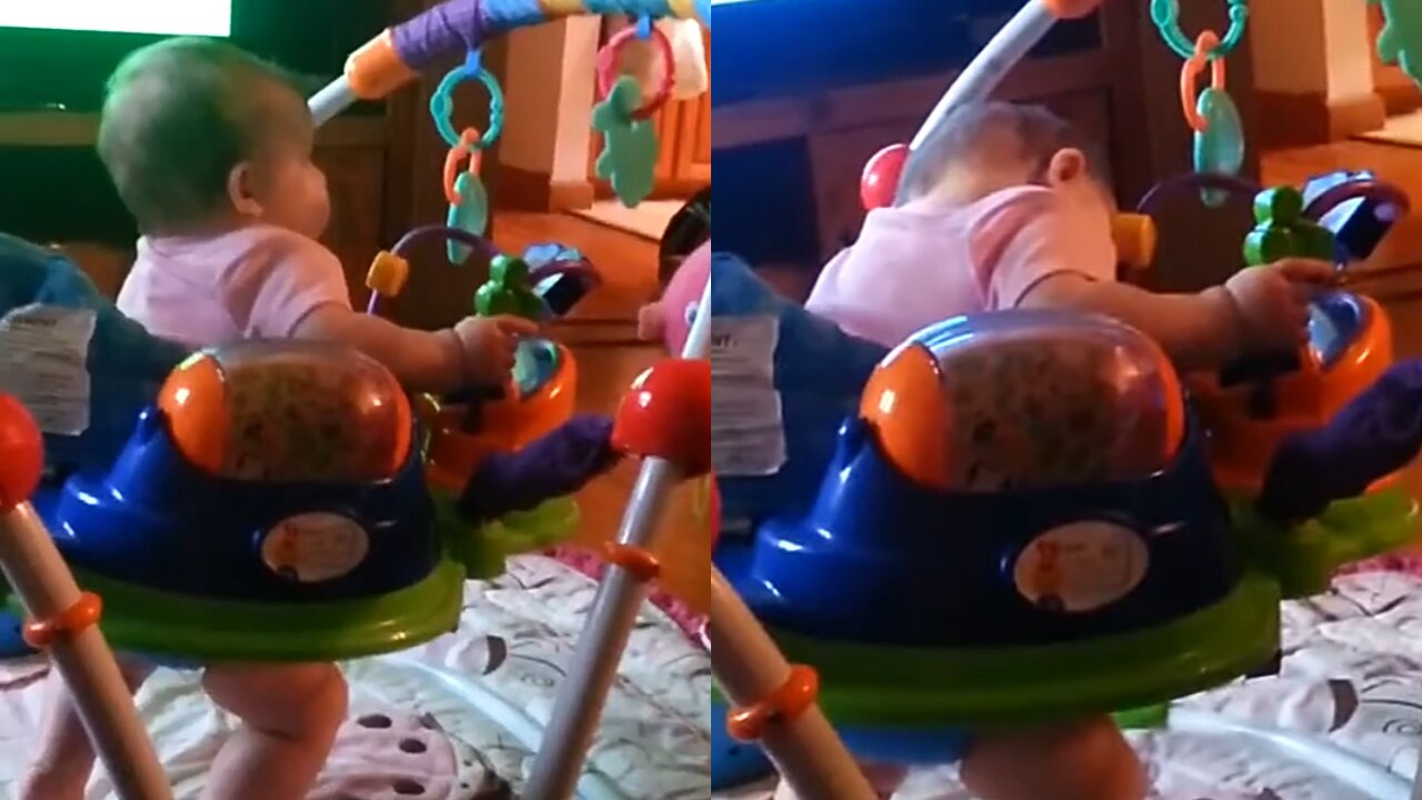 Tired baby literally falls asleep while bouncing in jumper