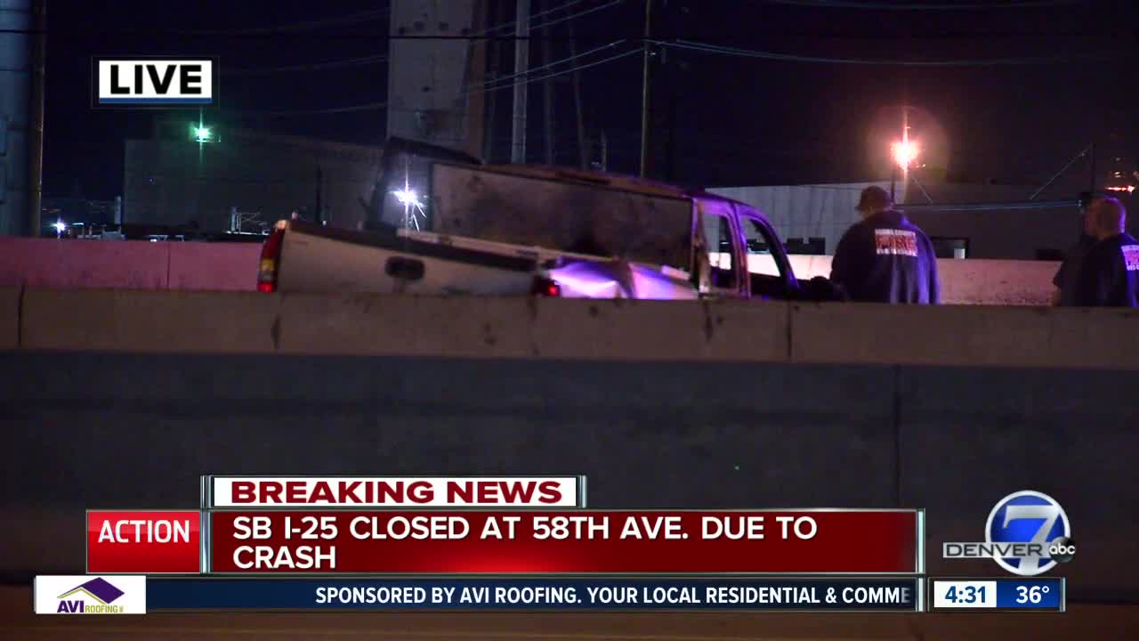 Fiery crash closes southbound I-25 at 58th Avenue, one person dead