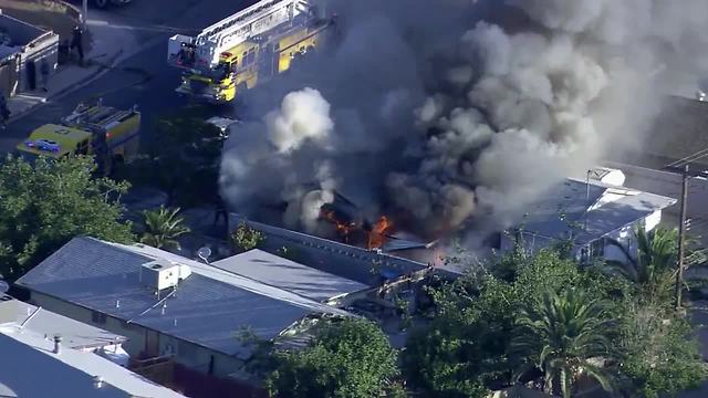 Chopper 13 over Nellis, Tropicana Fire