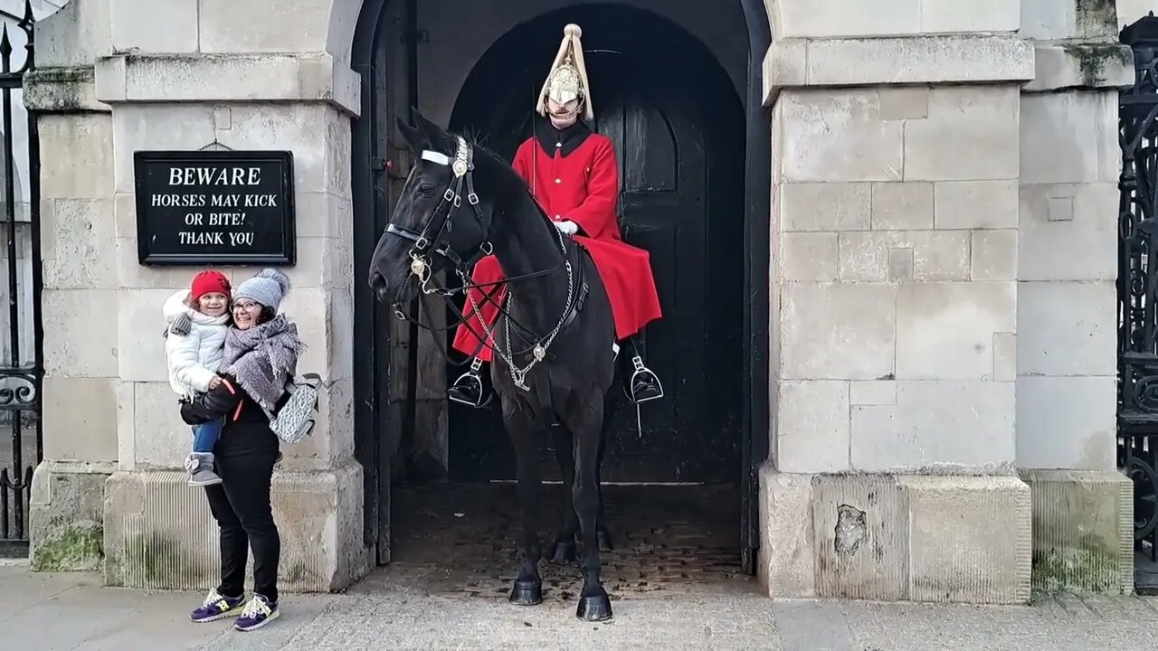 The kings guard keeps a distance. Horse vocalises his nostrils at tourist #horseguardsparade