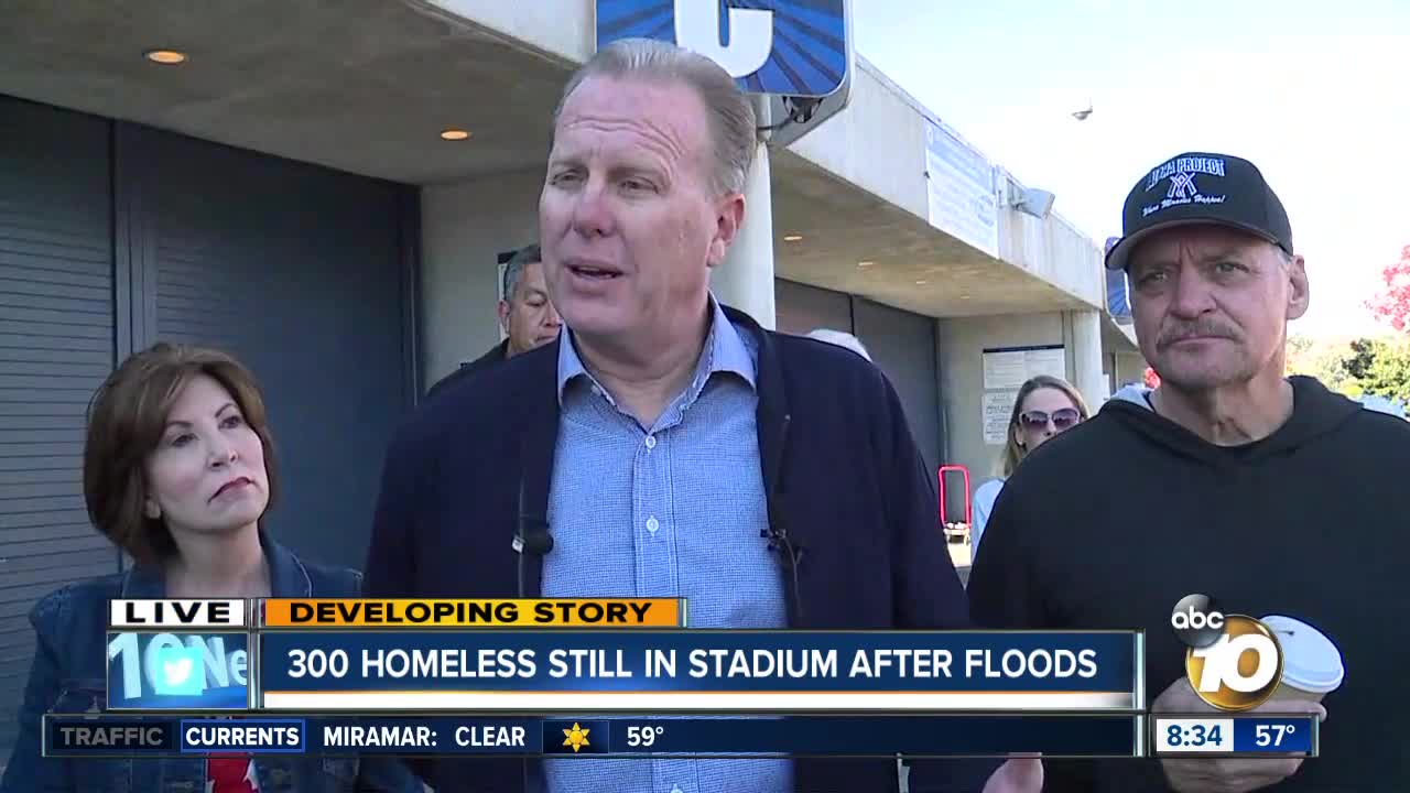 San Diego Mayor visits with homeless evacuated by flooding