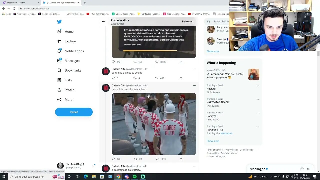 Tweeter do Cidade Alta falando sobre a Croácia e a tropa da Croatchia kkk