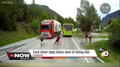 Truck driver stops inches short of hitting kids