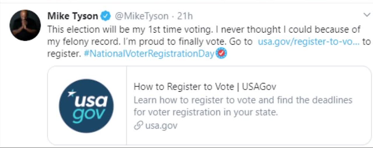 Mike Tyson tweets about being allowed to vote for first time