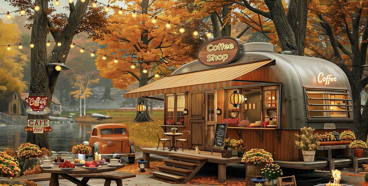 Cozy Autumn Lakeside Porch Ambience 🍁 Relaxing Jazz Music & Warm Crackling Fireplace