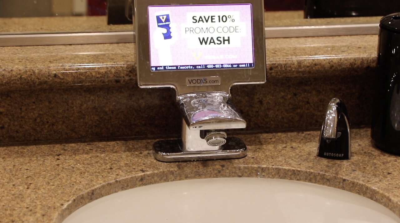 A commercialized hand washing stations in the restroom at the MGM in Las Vegas.