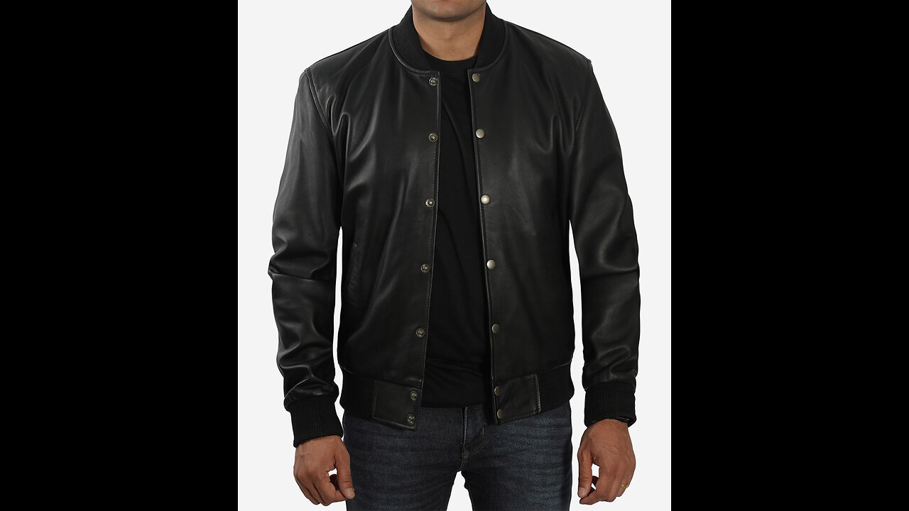 Baseball Style Black Leather Bomber Jacket