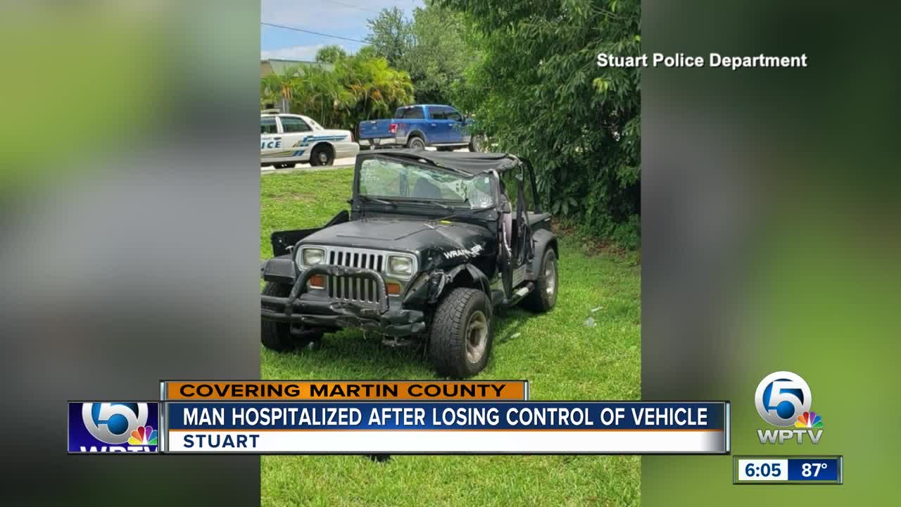 Man hospitalized after losing control of Jeep in Stuart