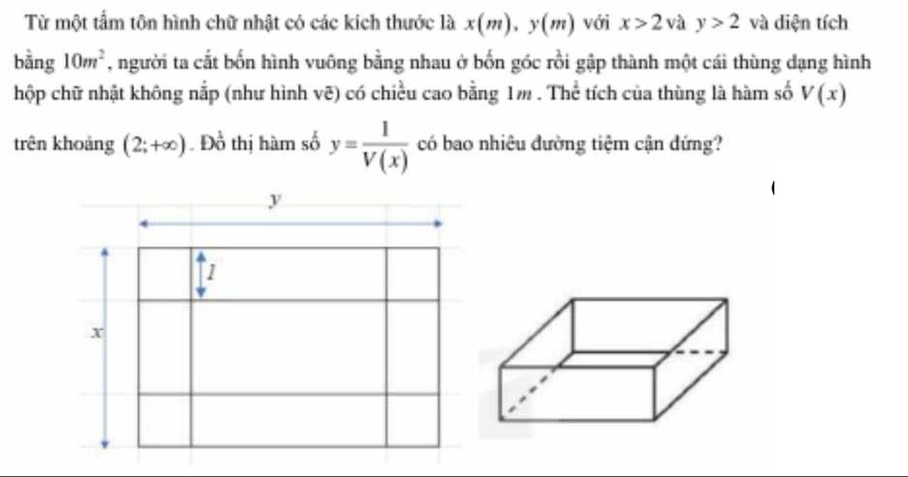 Toán 12: Tiệm cận: Từ một tấm tôn hình chữ nhật có các kích thước x(m), y(m) với x>2,y>2