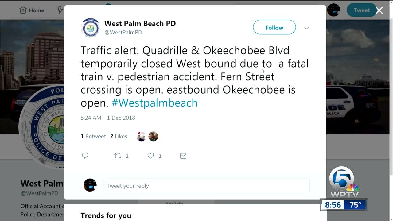 1 person fatally struck by train in West Palm Beach