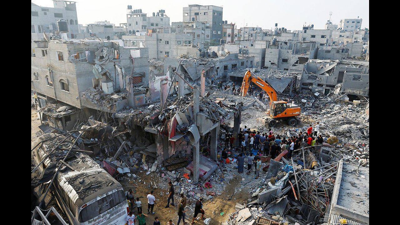 The aftermath of the Israeli Air Force bombardment on the town of Khan Younis.