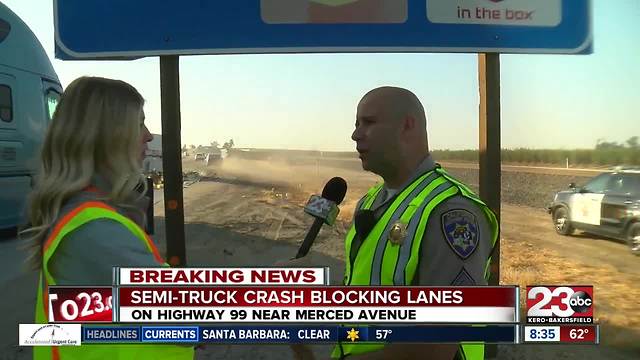 Two semi-trucks crash on SB Highway 99 near Merced Avenue