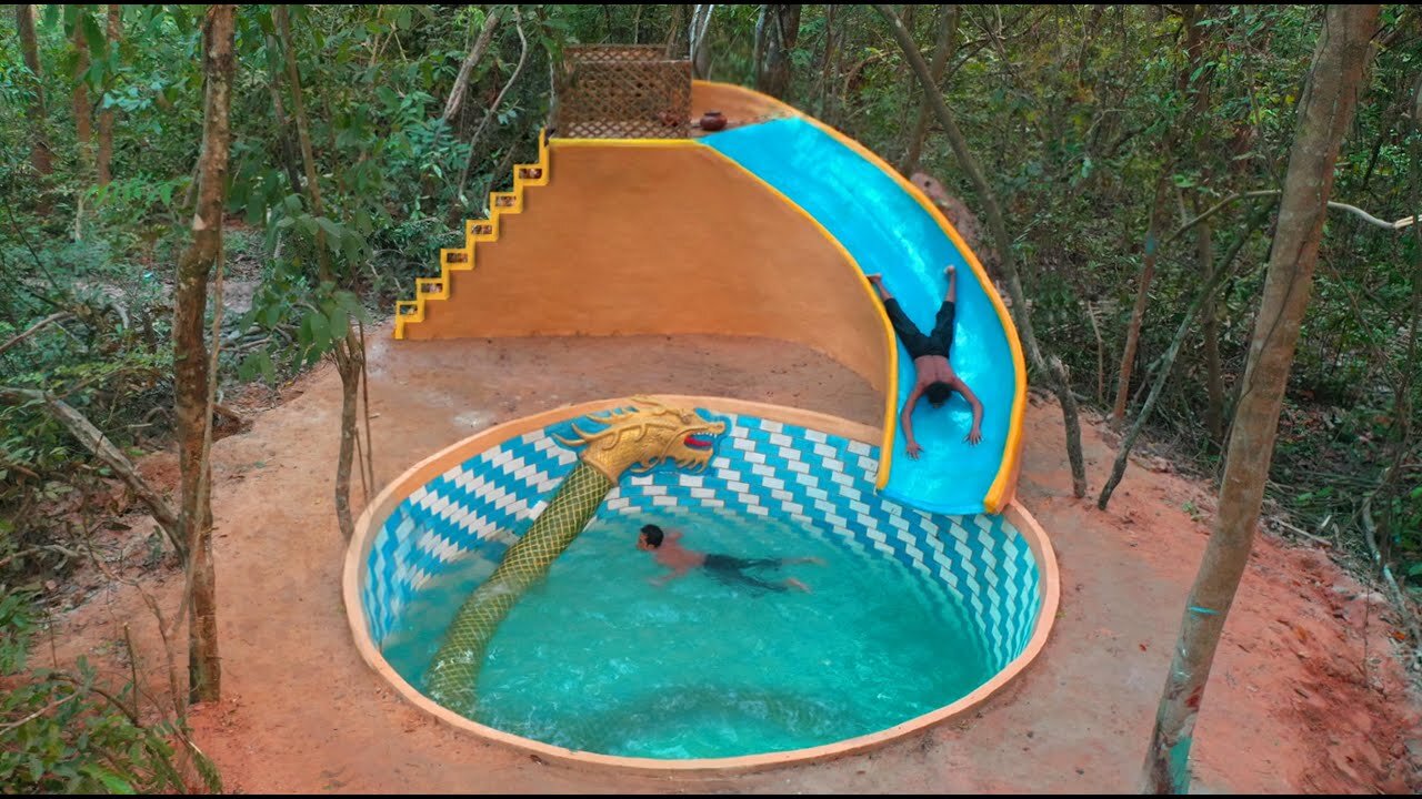 41Day We Build Water Slide To Tunnel Underground Dragon Swimming Pool