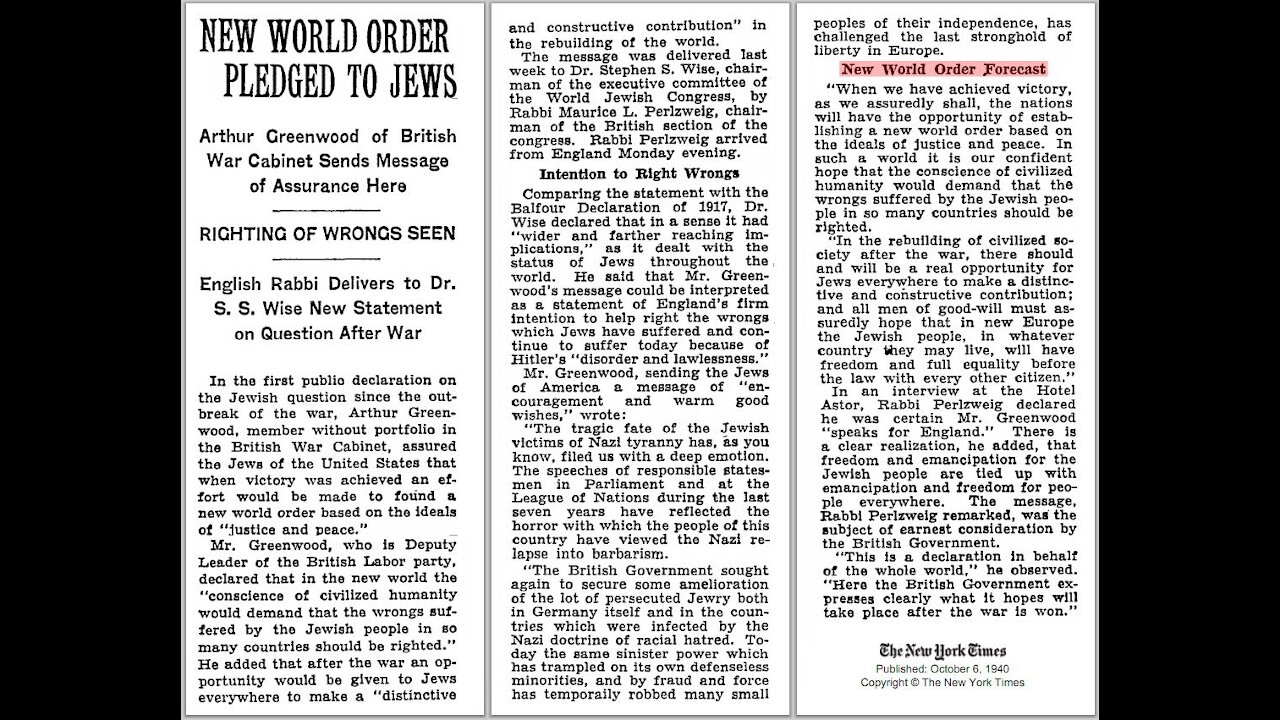 New World Order Pledged to Jews New York Times Oct 6 1940