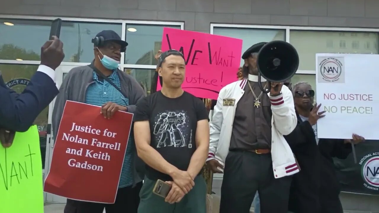 Rev Keith Gadson and Nolan Farrell Exoneration Rally NationalAction QueensDAKatz courthouse 5/22/23