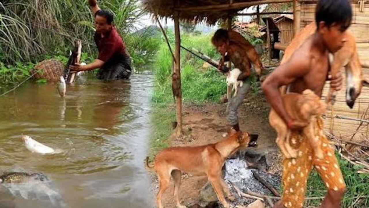 finding in river & cooking for dog has 2 man catch the dog - Eating delicious