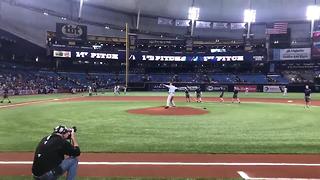 St. Petersburg Mayor Rick Kriseman throws out the first pitch at the Trop