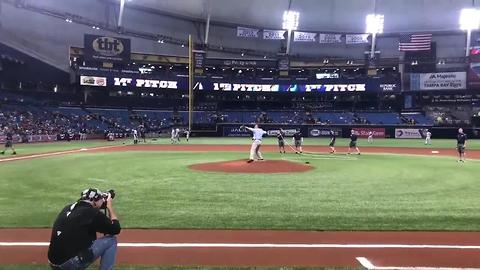 St. Petersburg Mayor Rick Kriseman throws out the first pitch at the Trop