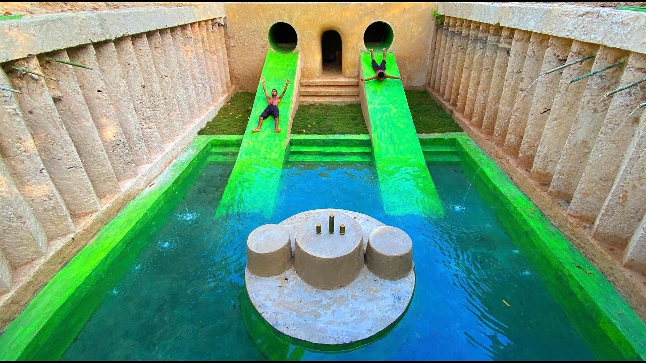 🏗️✨195 Days to Build the Ultimate Summer Water Slide Park in an Underground Pool House! 🌴💦