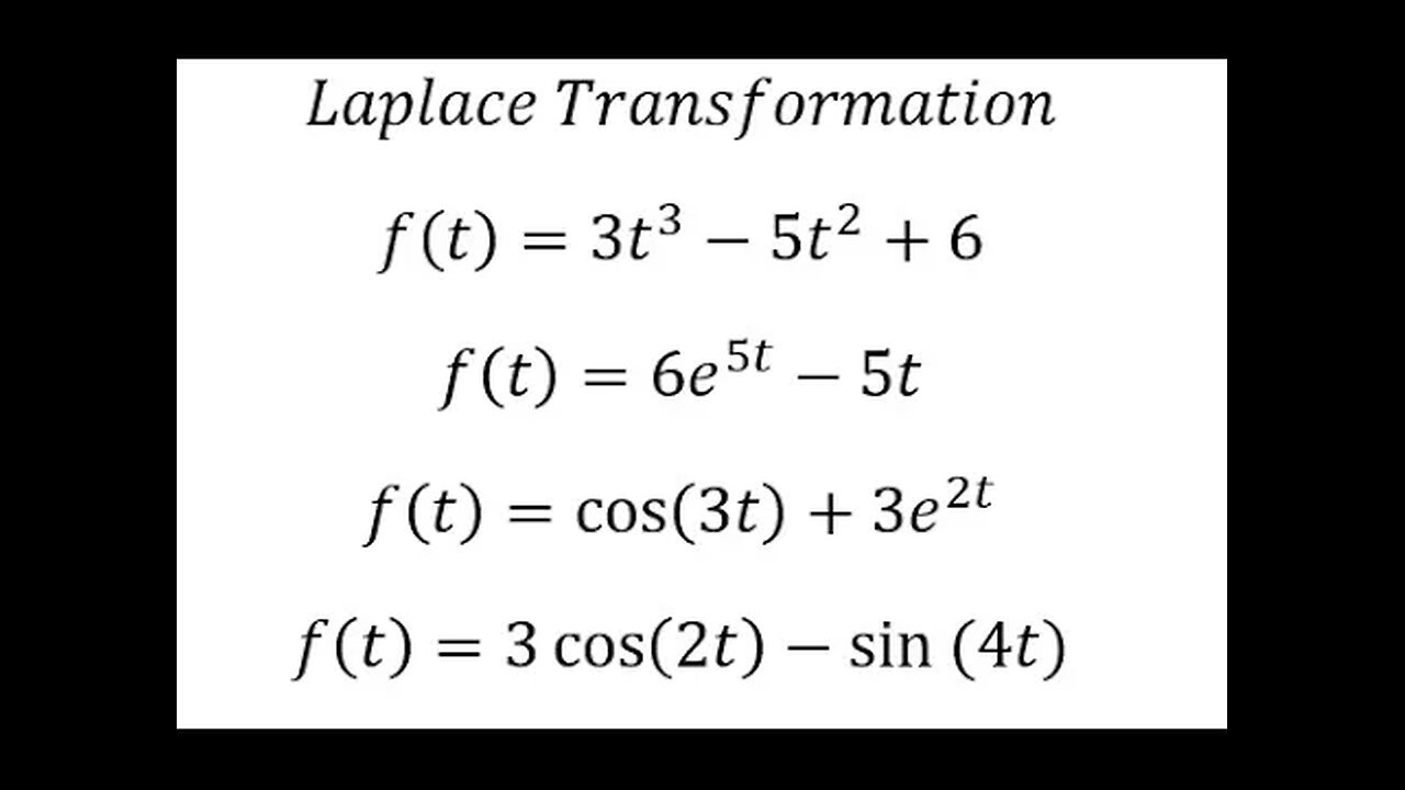 Laplace Transformation-f(t)=3t^3-5t^2+6, f(t)=6e^5t-5t, f(t)=cos⁡(3t)+3e^2t, f(t)=3cos⁡(2t)-sin⁡(4t)