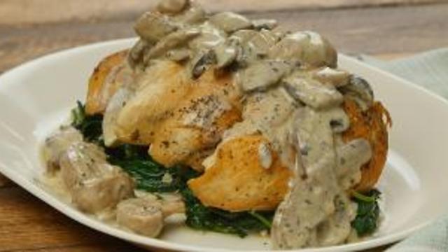 Chicken with Creamy Mushroom Sauce and Sauteed Greens with Pecans