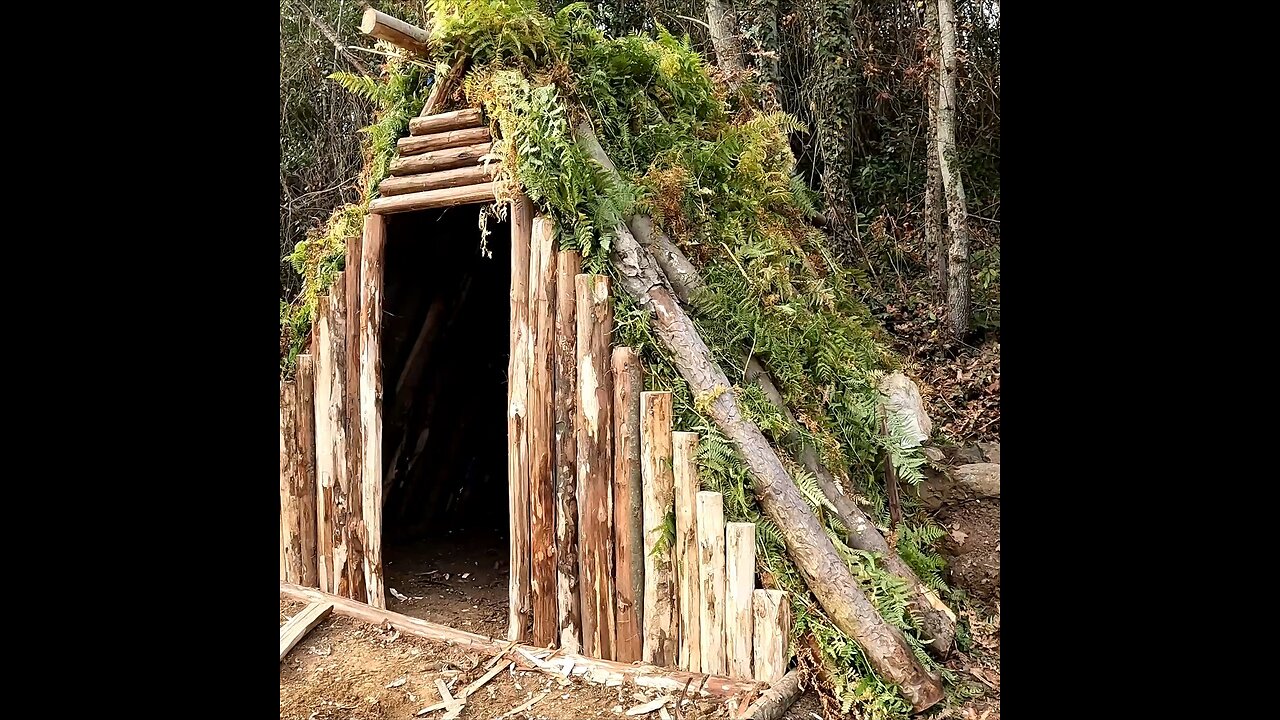 Build bushcraft survival shelter in the forest