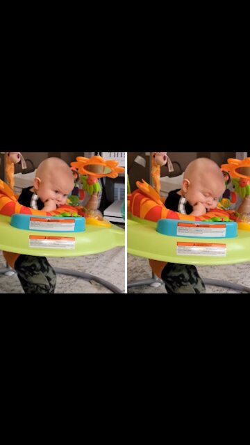 Tired Baby Literally Falls Asleep While Bouncing In Jumper