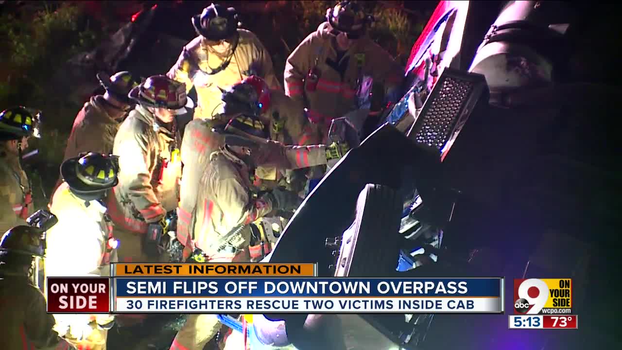 Semi rolls off overpass, badly injuring driver
