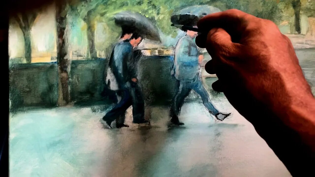 Working on more than one oils painting at once today. this is Walking in the Rain part 2