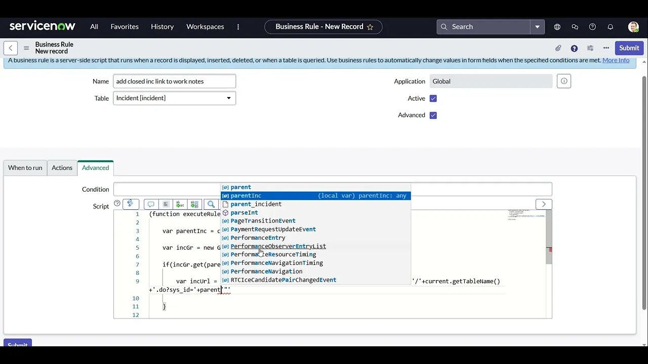 ServiceNow use-case | clickable link to notes