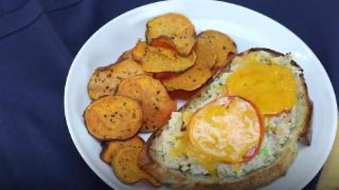 Open-Face Tuna Melt with Oven-Baked Sweet Potato Chips